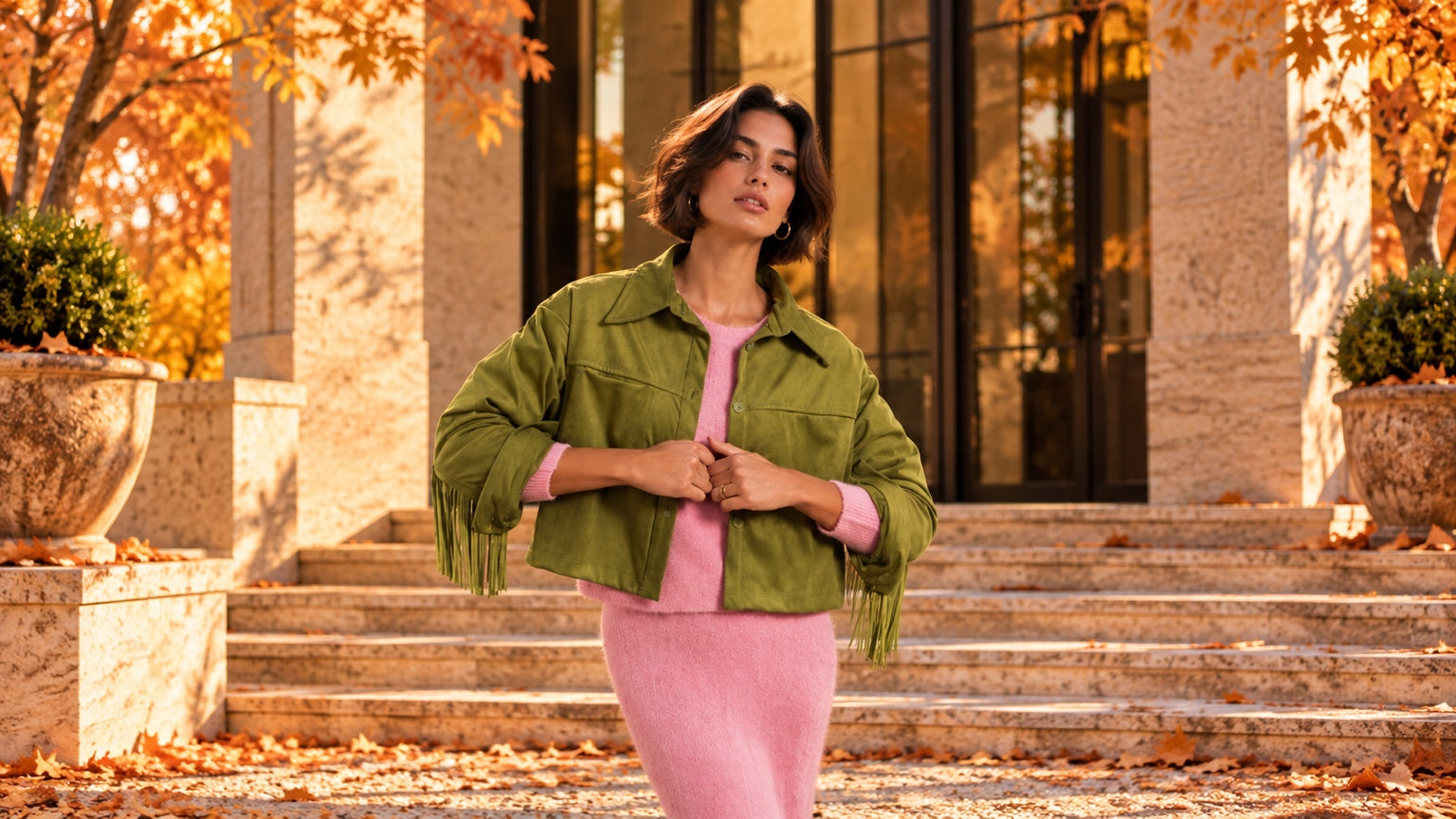 PureEdit Fall/Winter Kampagne mit grüner Jacke und rosa Strick